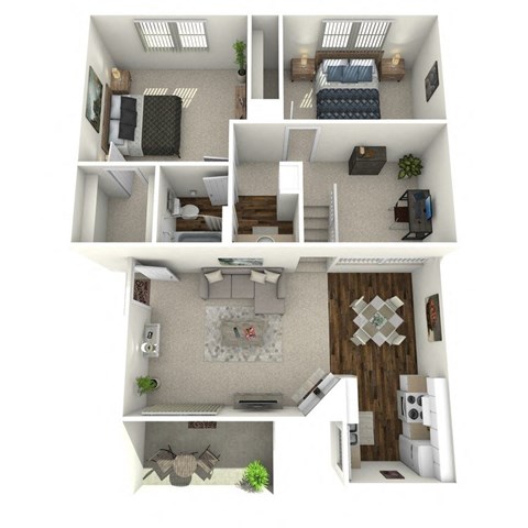 Floor plan for 2 beds, 1 bath, 971 sqft